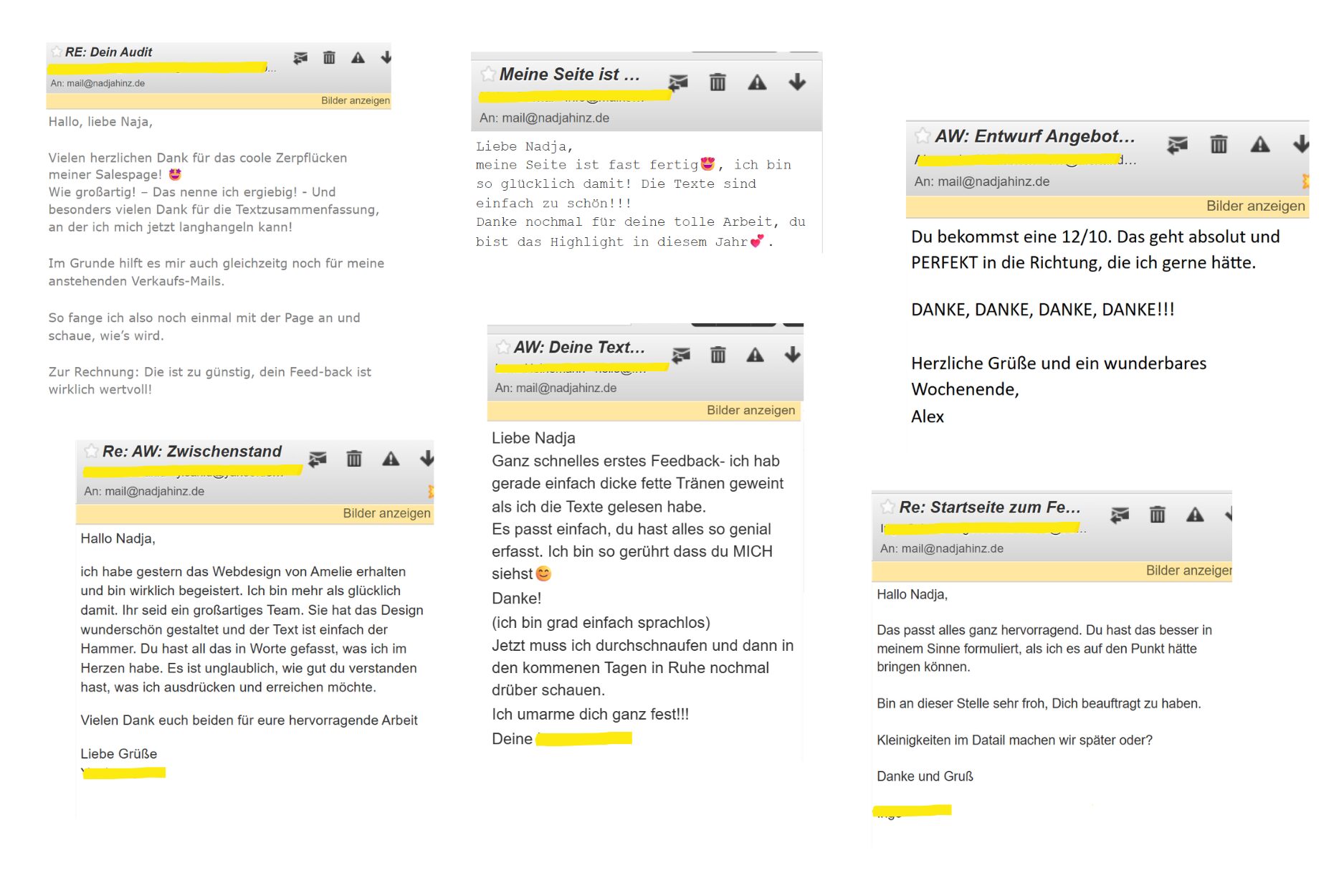 Screenshots von Kundenstimmen für die Texterin Köln.